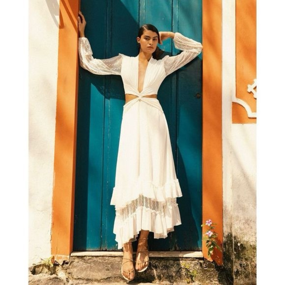 PATBO Plunge Lace Sleeve Maxi Dress in White NWOT